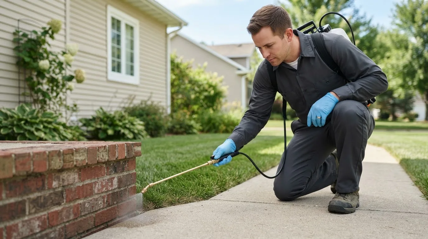 Pest control technician treating a home near Geneva, IA