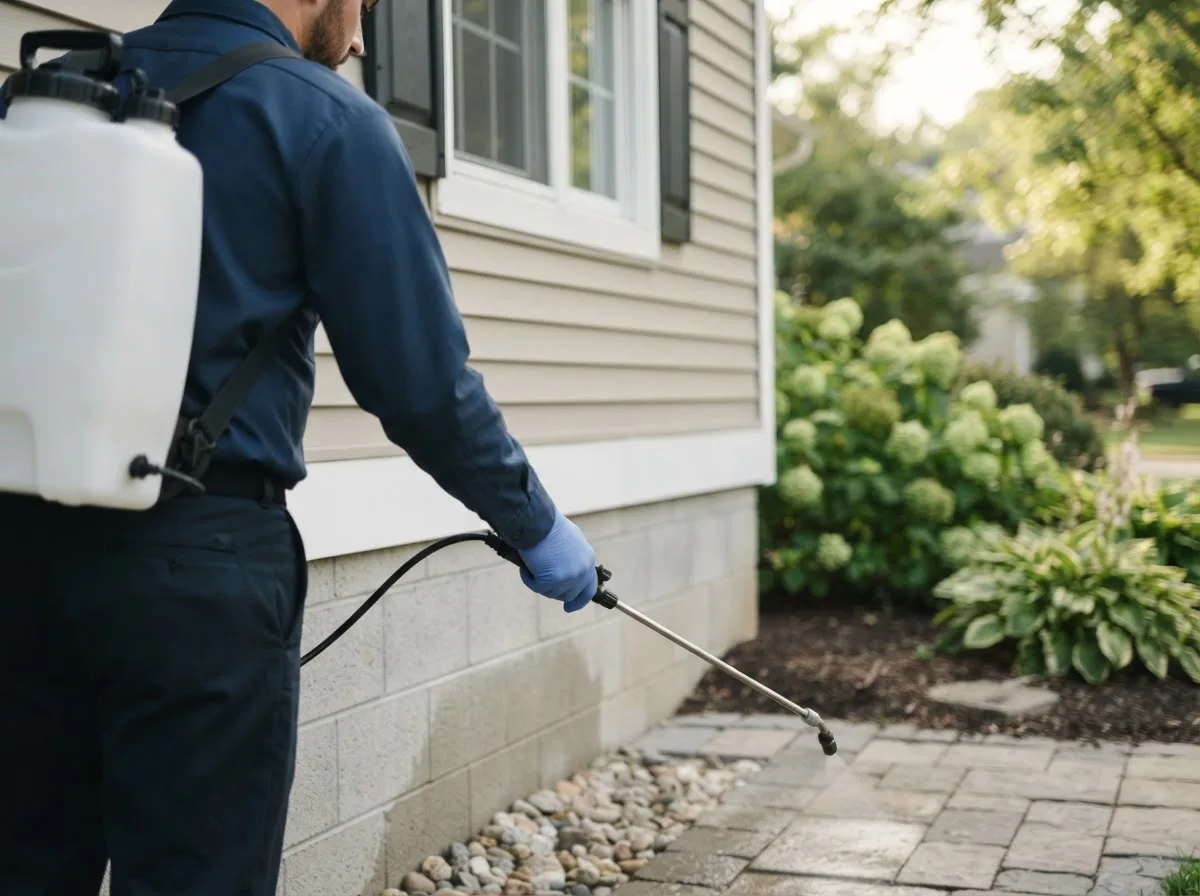 Pest control technician inspecting a home in Geneva, IA